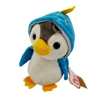 Kleiner Plüsch-Pinguin im blauen Drachenkostüm mit abnehmbarer Kapuze und gelbem Horn, ca. 17 cm